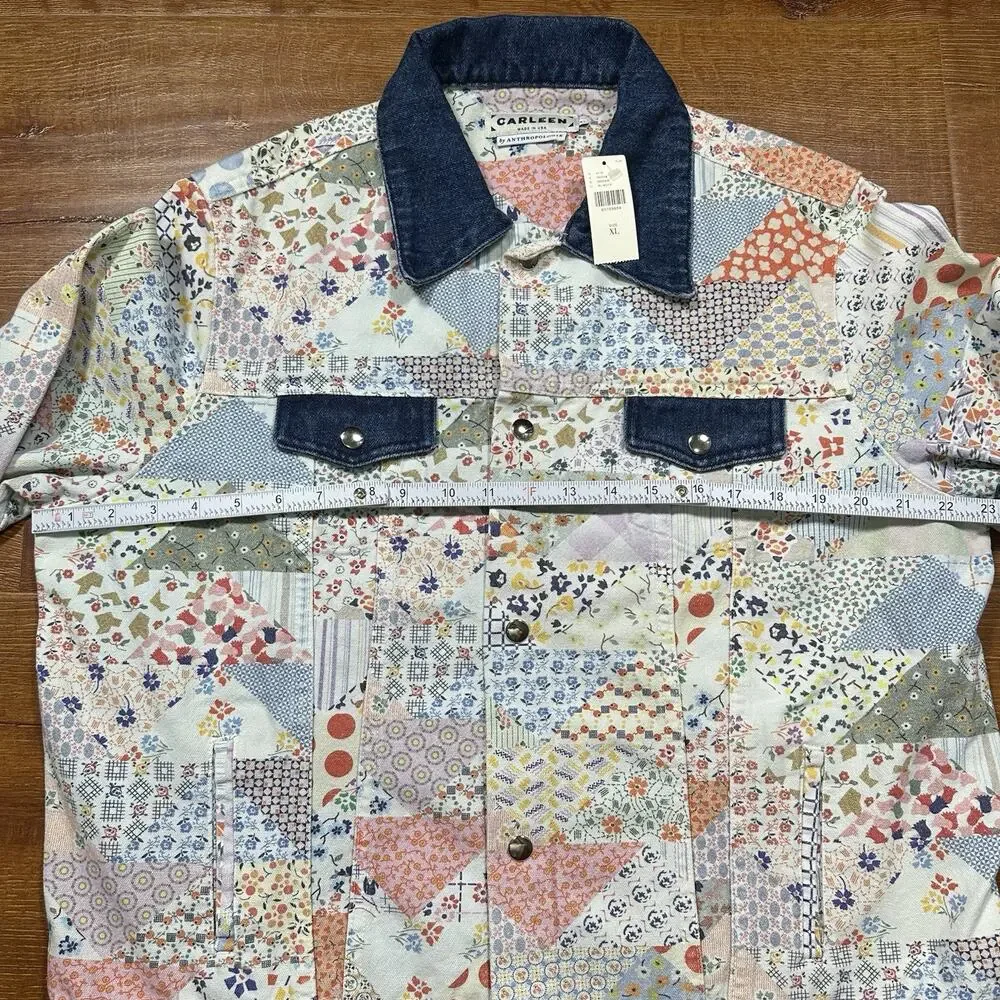 Carleen Quilt Patchwork Trucker Jacket Women XL Floral Motif Denim Retro NWT USA
